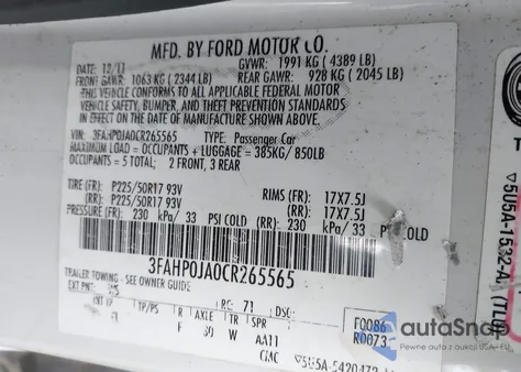 2012 Ford Fusion Sel from USA, damaged, VIN 3FAHP0JA0CR265565